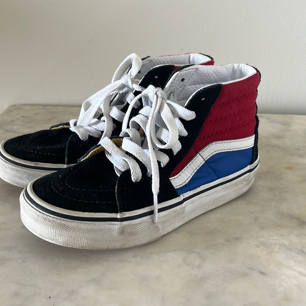 Kids size 13 Vans sk8 Hi top sneakers, black + red + white + blue GUC